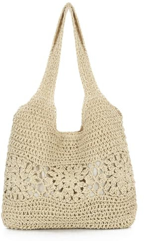 EVEOUT Bolso Tote Rafia para Mujer Verano Bohemio Ligero Grande Shopper Tejido Bolso de Hombro Paja para Playa Vacaciones
