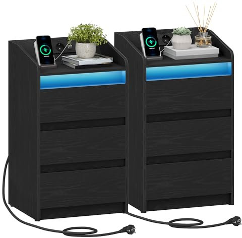 Hzuaneri Nachttisch 2er Set mit 3 Schubladen, Beistelltisch mit Ladestation und LED, 2 AC-Steckdosenund 2 USB-Anschlüsse für Schlafzimmer, Wohnzimmer, Schwarz NS40104X