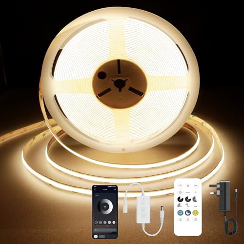 TTWAY Ruban LED COB 3000K, 5M Bande LED Blanc Chaud, Lumière Bande LED Dimmable 24V, Application Bluetooth, CRI 92+, Largeur de 8mm, avec Télécommande et Alimentation, pour Décoration Maison