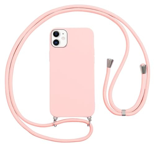Vauki Coque pour iPhone 12 Mini avec Cordon,Etui Silicone Souple Antichoc Housse avec Collier Bandoulière Chaîne Lanière,Téléphone Étui Case Cover de Protection pour iPhone 12 Mini,Rose