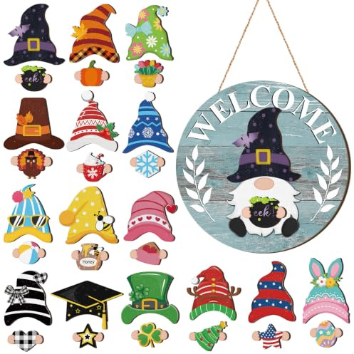 Qunclay Nain de Noël en bois interchangeable avec pièces aimantées et chapeaux amovibles - Panneau de bienvenue interchangeable pour la maison (style bleu)
