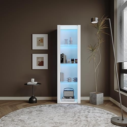TIZZ Vetrina bianca lucida con illuminazione a LED, 3 ripiani in vetro, 55 x 38 x 166 cm, vetrine, vetrine, armadietti, armadi alti