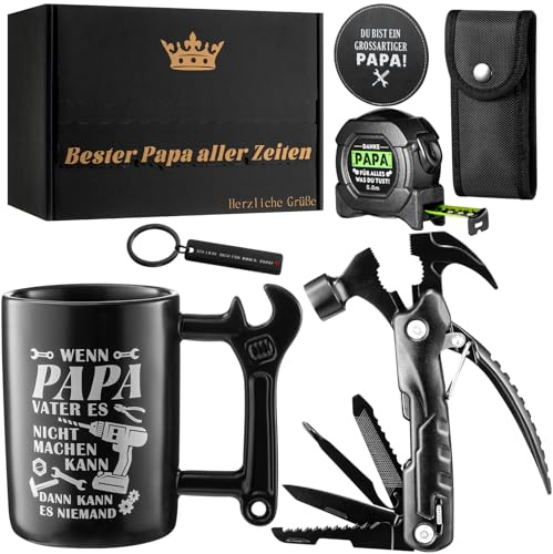 VBAIFAyy Geschenke für papa zu Vatertag, Geburtstag & Weihnachten- Enthält Keramik Becher, 12-in-1 Multitool, Maßband, Schlüsselanhänger & Coaster