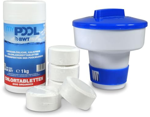 myPOOL Chlordepot Tabs 200g Langzeittabletten 1 kg inkl. Dosierschwimmer - Organische langsam lösliche Chlortabletten zur Desinfektion des Poolwassers - Geeignet für Pools bis 20.000 Liter
