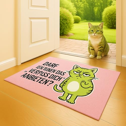 KAMACA Freche Fußmatte mit Spruch Darf ich Ihnen das Verpiss Dich anbieten Schmutzfangmatte 40x60 cm rutschfest originelle Begrüßung an der Wohnungstür Haustür (Türmatte Miesekatze Rosa)