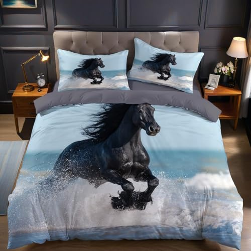 Hellblau Bettbezug 135 x 200 cm Tier Schwarzes Pferd Bettwäsche Set Mikrofaser weich atmungsaktiv für Jugendliche mit Reißverschluss und Kissenbezug 80 x 80 cm
