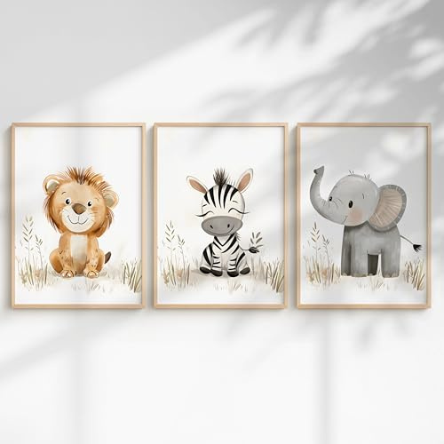 Generisch 3er Dschungel Poster-Set fürs Babyzimmer A4 A3 - Bilder Safaritiere: Elefant Faultier, Nilpferd, Giraffe, Löwe, Zebra, Panda fürs Kinderzimmer (Safari Zebra, DIN A3, Ungerahmt)