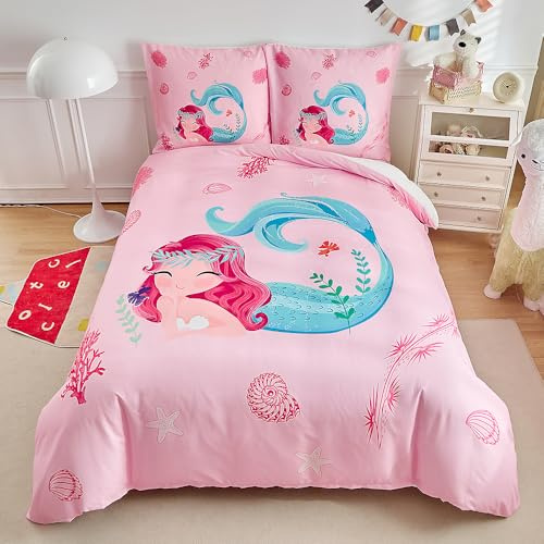 WUMIUER Mädchen Bettwäsche 100x135 cm Set 2tlg Kinderbettwäsche Rosa Süß Cartoon Meerjungfrau - Weich Romantisch Bettbezug 100x135cm und 1 Kissenbezug 40x60cm mit Reißverschluss