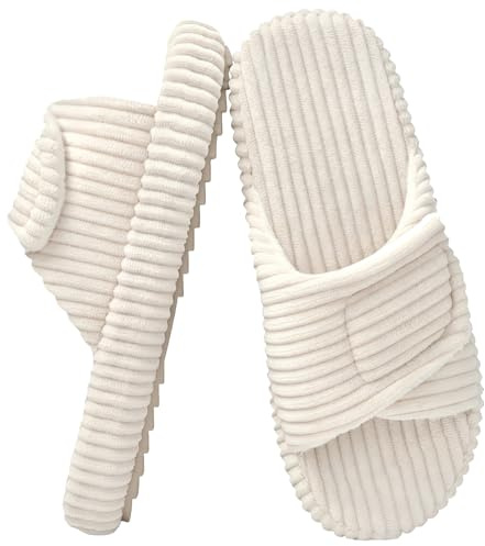 Misolin Chaussons Femme Confortable Velour Côtelé Mousse Mémoire Pantoufles | Réglable Bout Ouvert Slippers, Maison Chaussures, Antidérapantes, Intérieur Extérieur