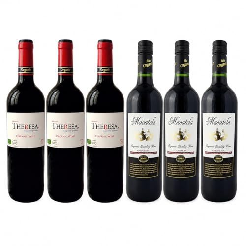 Pack 6 Vino Tinto Eco Sin Sulfitos Bio, 3 botellas de Macatela y 3 botellas de Theresa 750 ml, Vino Ecológico Tinto, Total 4,5 L