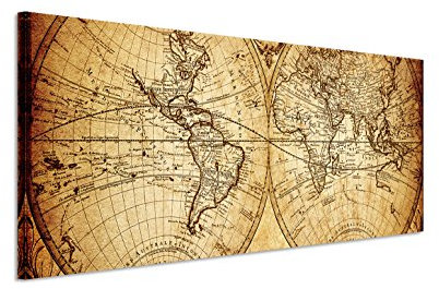 150x50cm Leinwandbild auf Keilrahmen Vintage Weltkarte von 1733 Wandbild auf Leinwand als Panorama