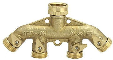 Tech Traders [BRASS BODY] 4-Way Brass Faucet Manifold Garden Hose Connector, Individual Brass Shut-off Valve with Male Connector, Solid Brass Material