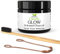 GLOW Kit de blanchiment des dents (4 pièces) | Poudre de charbon actif pur de qualité alimentaire + Brosse à dents ultra souple en bambou + Nettoyeur de langue en cuivre + Sac écologique