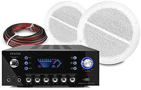 Vonyx Marine Waterproof 5 Ceiling Speakers Pair with Bluetooth AV120FM-BT Amplifier – 80W Outdoor Indoor Moisture-Resistant IP44 Sound System for Bathroom, Patio, Kitchen, and Boat