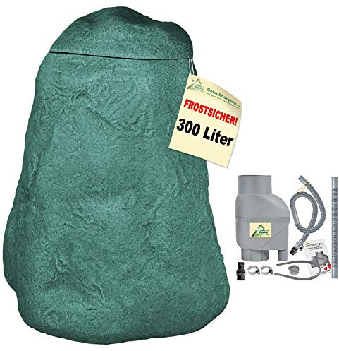 Regentonne, Regentonnen, Regenspeicher, Regenbehälter, Fels grün 300l mit Befüll- und Entnahme-Set grauFROSTSICHERES Regenfass Wassertonne mit Deckel und Wasserhahn DAS ORIGINAL! (7-RT05107)