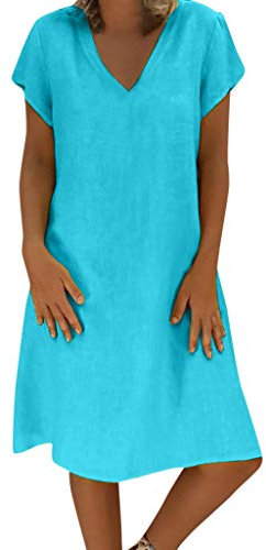 Xmiral Vestiti Estivi Donna Taglie Forti Estate Vestiti Casual Eleganti Corti Manica Corta V-Collo Cotone T-Shirt Lunga Manica Corta Vestiti Camicia Donna Mini Abito Gonne (L,1- Blu)