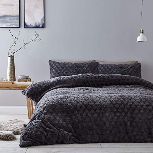 Catherine Lansfield Soft Touch Diamond Fur Einzelbett-Bettwäsche-Set, Grau