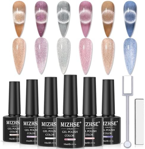 MIZHSE Cat Eye UV Gel Nagellack Set 6 Farben Glitter Cateye Magnet Nagellack Magnetisches Set Nagelgel blinken Gel mit 2 Magneten DIY Kunst Maniküre Nagellack 10ml (0,33fl oz)