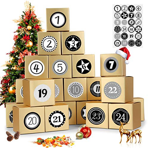 Adventskalender zum Befüllen, 24 Adventskalender Boxen, mit Zahlenaufklebern, Adventskalender Selber Befüllen, für Weihnachtlichen 2024 zum Basteln und Befüllen, Weihnachts DIY, Golden Boxen