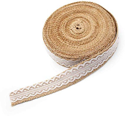 12M Vintage Sackleinenbandrolle mit Spitze, Juteband Spitzenband, Natürliche Sackleinen Handwerk Rolle für DIY- Kränze, Filigrane Dekoration, Hochzeitsbankettdekoration