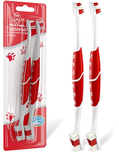 Pet Toothbrush for Dogs, Cats with Soft Bristles - Easy Teeth Cleaning & Dental Care, Non Slip Dual Head Dog Toothbrush for Medium & Large Pets, Toothpaste Not Included (Pack of 2(Red))