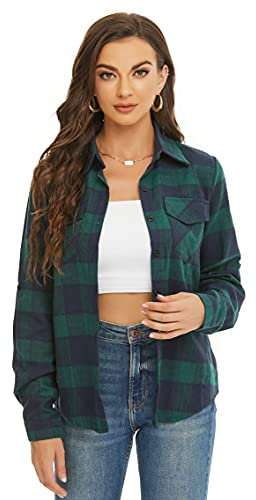 Ietaoo Karierte Bluse Damen Karohemd Langarmshirt Casual Boyfriend Hemd Oberteile Button Down Hemdbluse Plaid Shirt Top Grün Navy S
