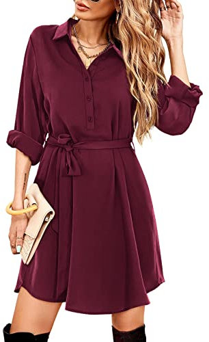 Beluring Ladies Casual Button Dresses with Pocket Long Sleeve V Neck Dress Burgundy Size 12 14