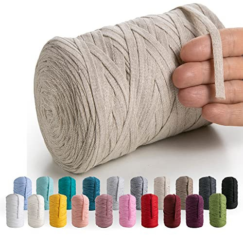 MeriWoolArt® Baumwollgarn Band Beige - 10mm T-Shirt Band Garn für Stricken, Makramee, Häkeln, Weben, Geschenkband - 150 m Baumwollband (Sand)