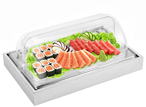 YMJOINMX Serviertablett für Eis, Lebensmittel mit transparenter Rollabdeckung, Buffet, Kalt-Servierplatte, mit 2 Kühlakkus zum Kühlen von Lebensmitteln, mit Deckel, für Meeresfrüchte, Obst, Party,