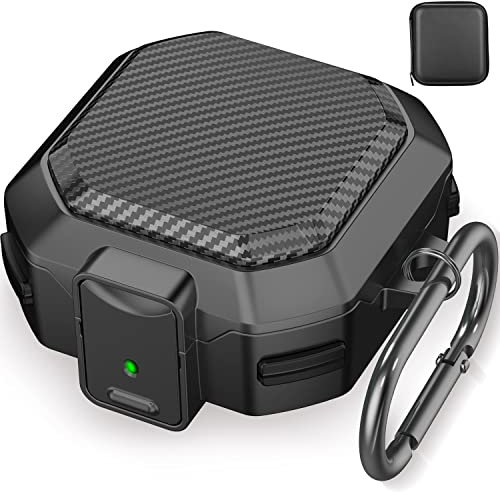 (avec verrouillage sécurisé) Coque en fibre de carbone pour Samsung Galaxy Buds2 Pro/Buds Pro/Buds Live/Buds 2, étui avec porte-clés/boîte à glissière/brosse de nettoyage (noir)