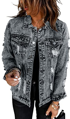 Necooer Jeansjacke Damen Elastische, Lang Geschnittene, Ausgefranste Jeansjacke Damen Denim