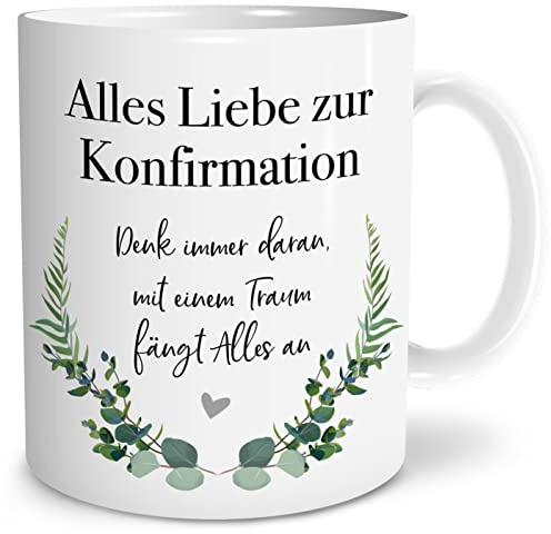 OWLBOOK® Konfirmation mit Traum fängt Alles an Tasse mit Spruch für Kinder Baby Junge Mädchen zur Konfirmation Keramik 300 ml