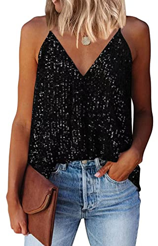 miduo Women's Tank Tops Summer Fashion 2025 Sequin V Neck Strappy Tanks Tops Camisole Shirts Tops Blouses Tanks for Party Clubwear Black L
