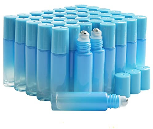 Pxyelec 42pcs Essential Oil Bottle 10ml Perfume Roll on Bottles with Stainless Steel Balls Portable Refillable Oil Sample Bottles, Blue Gradient(Opener and Funnel Included)