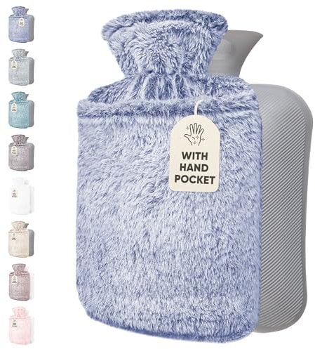 Qomfor Hot Water Bottle with Cover UK - 1.8L Large Fluffy Hot Water Bottle with Kangaroo Pocket for Period Pain Relief, Back Pain. Provides Warmth for The Body - Premium Soft, Cozy Cover (Blue)