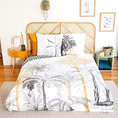 CÔTE DECO Bettwäsche, 1 Bettbezug + 2 Kopfkissenbezüge, 63 x 63 cm, Set Bettbezug für Doppelbett, Grün und Gelb, tropisch, 100 % weiche Baumwolle (240 x 220 cm)