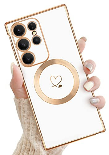 Newseego Magnetica Custodia per Samsung Galaxy S23 Ultra[Compatibile con MagSafe], Ragazza Donna Simpatico Motivo Cuore Placcatura Bordo Silicone Antiurto Protettiva Cover per Samsung S23 Ultra-Bianco