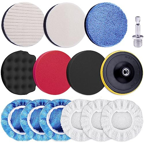 SIQUK 14 Stück Auto Polierpads Polierschwämme Pads Autoschaum Polierpad Schaumpolierpads Schwämme Wolle Wachs Schwämme Pad mit M14 Bohreradapter für Bohrer, 101mm