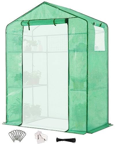 Quictent Serra in pellicola, 195 x 143 x 73 cm, cabina serra con 6 ripiani, 140 g/m², in polietilene a rete e finestra, per pomodori e verdure, verde