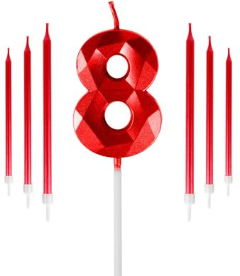Red 8th Birthday Candles Set, Number 8 Candle with Red Long Candles, Birthday Candles for Cake, Birthday Candle, Cake Candles Cake Topper Decorations for Boys Girls Men Women Birthday Party Wedding