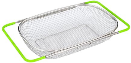 Passoire rétractable au-dessus de l'évier en acier inoxydable (38–54 cm), panier égouttoir en maille avec poignées extensibles en caoutchouc vert pour évier, égoutter, rincer les fruits, les légumes,