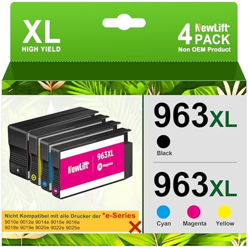 NewLift 963XL 963 XL Druckerpatronen Kompatibel für HP 963 Multipack für HP officejet Pro 9010 9012 9015 9013 9014 9016 9019 9020 9025(Schwarz Cyan Magenta Gelb, 4er-Pack)