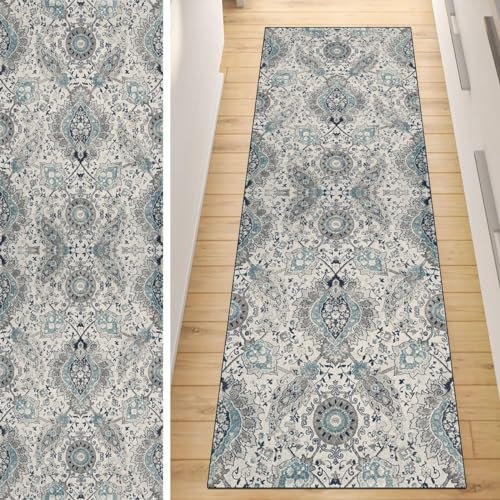 QQrunner rutschfest Läufer Flur Teppich 100x250CM Boho Flur Teppich Lang Küche Grau Beige Waschbar Meterware Korridor Kücheläufer