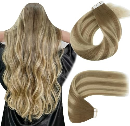 ABH AMAZINGBEAUTY HAIR 22 Inch Hair Extensions Real Human Hair Tape in Balayage Ash Brown to Blonde Mix With Light Blonde Invisible Tape in Hair Extensions Human Hair Straight #TP8-22-8 50g 20pcs