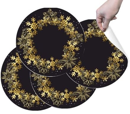 HUBDECO Strapazierfähige Schützende Esstischmatten - Set mit 4 Abwaschbaren Vinyl-Tischmatten - Platzdeckchen für Küche - Tischmatte - Tischsets Abwaschbar - 36x36cm - Weihnachten schwarz und Gold