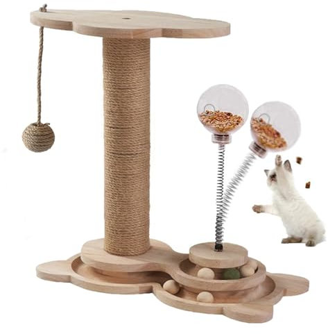 Arbre à chat - Jouet en bois 4 en 1 - Jouet interactif pour chat - Avec distributeur de nourriture pour chat - Arbre à chat en corde de sisal pour adultes et chatons (hauteur 46 cm)