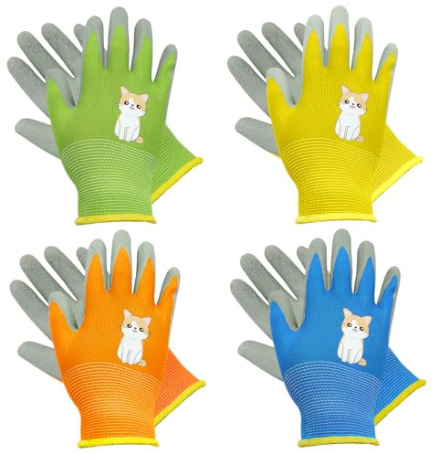 SPOKKI 4-Paar Arbeitshandschuhe für Kinder, verdickte, verschleißfeste, rutschfeste Garten- und Campinghandschuhe (7-10 Jahre)