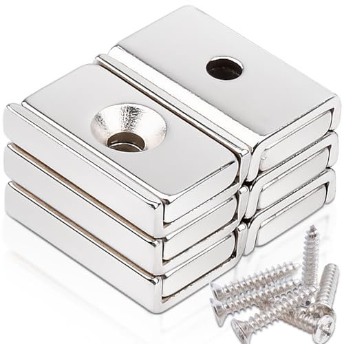 6 Pcs Stong Neodymium Magnets with Holes, 20x13.5x5 mm Strong Rectangular Base Cup Magnet Heavy Duty with Countersunk Hole Rare Earth Magnets Pot Magnet with Screws for Mounting, Kitchen