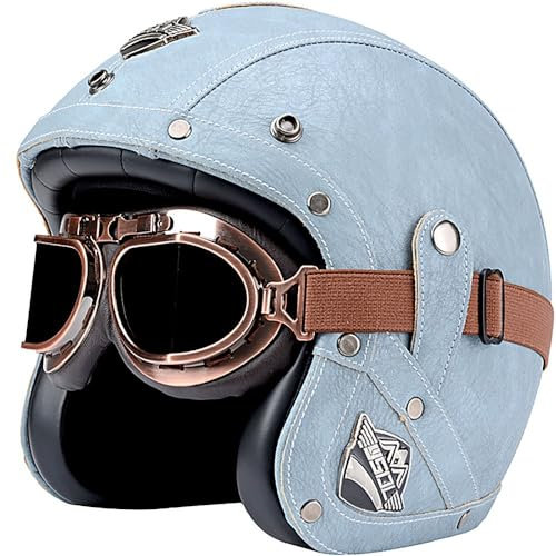 Halbschalenhelm Leder Jethelm, 3/4-Vintage-Pilot-Halbhelm mit Brille, ECE-zugelassen für Damen Und Herren, Open Face Leder-Helm Winddichter Motorrad Roller Helm