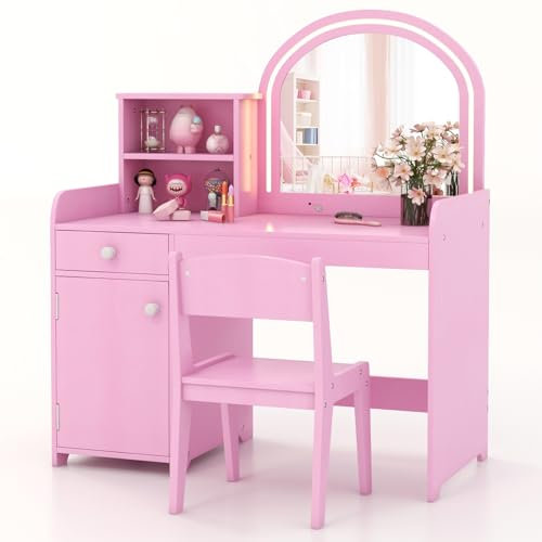 LIFEZEAL Specchiera Trucco Bambina, con Luci a Led, Toeletta Trucco Bambina, con Sedia, Postazione Trucco Bambina, con Cassetto e Scaffale, Tavolo Trucco per Bambina 3 Anni + (rosa)